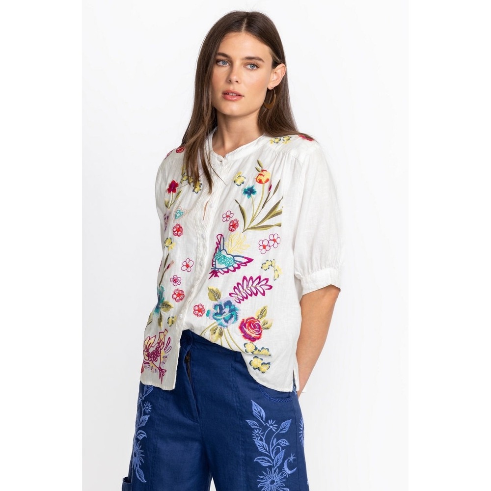 Johnny Was XL Jessi Shirred Yoke Blouse White Linen Embroidered Button Up Top - Picture 5 of 14